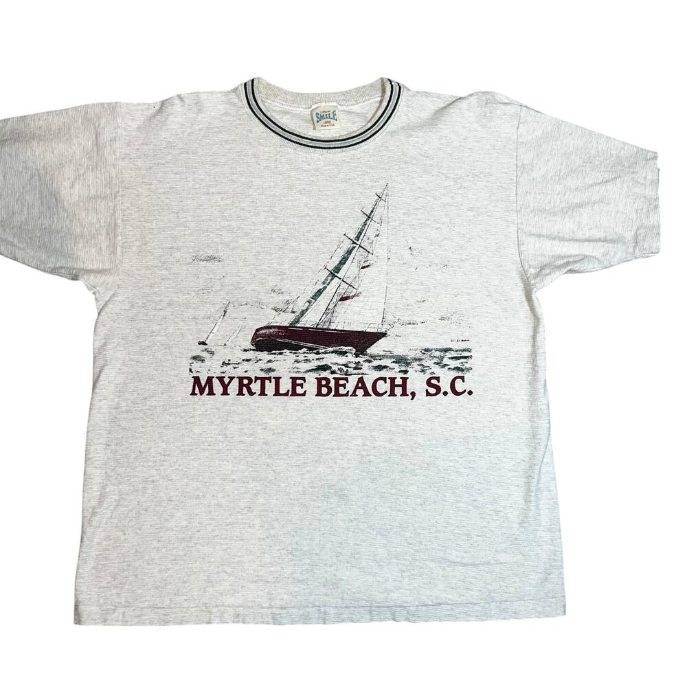 Vintage Nautical Sailboat Myrtle Beach SC graphic textured crewneck T Shirt LG